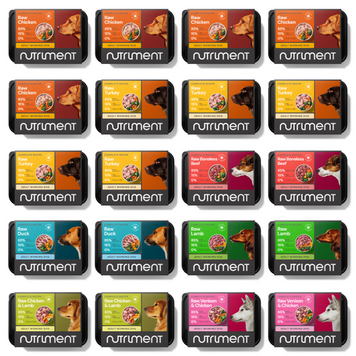 10kg Adult Raw Variety Box: 20 tubs of assorted raw dog food, with dog and food images on the packaging.