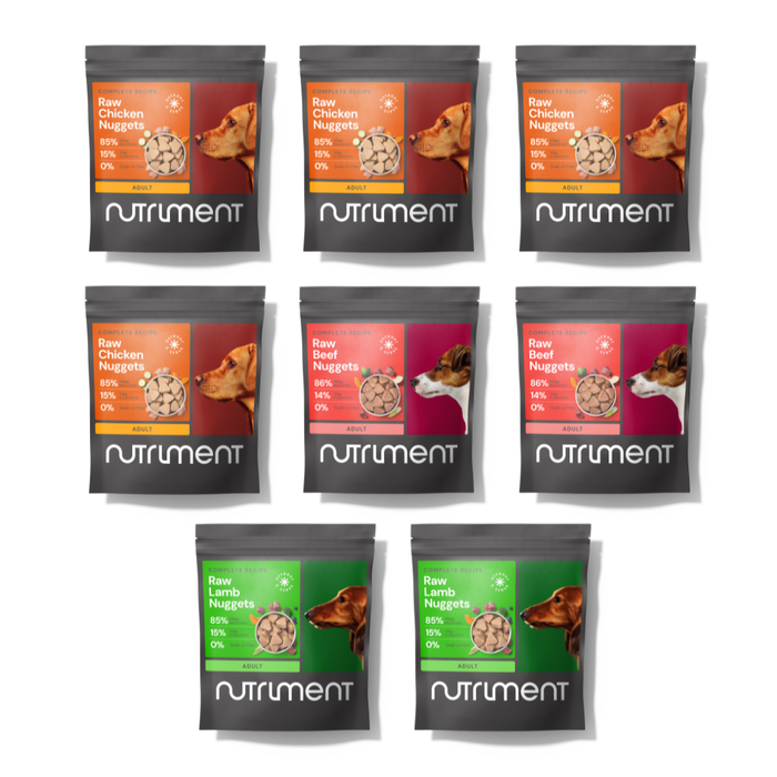 Eight-kilo Adult Raw Nugget Starter Pack: seven pouches in chicken, beef & lamb flavors, arranged in three rows.