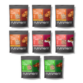 Eight-kilo Adult Raw Nugget Starter Pack: seven pouches in chicken, beef & lamb flavors, arranged in three rows.