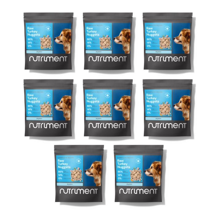 Eight packs of 8kg Puppy Raw Nugget Starter Pack arranged in two rows on a white background.