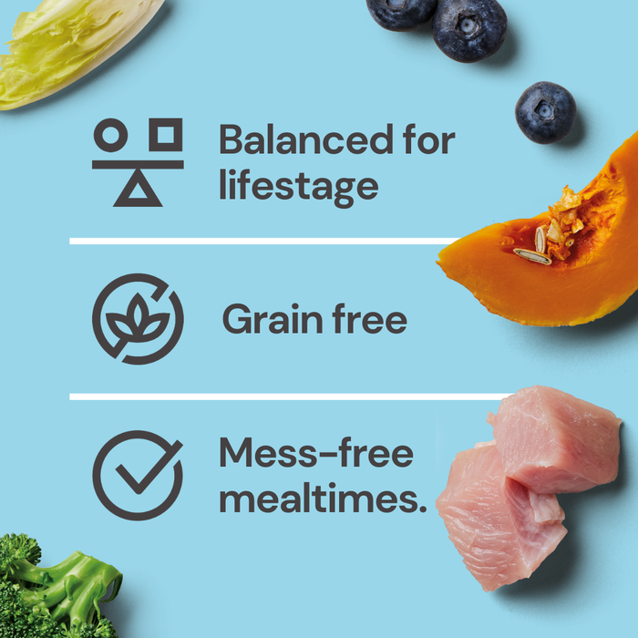 Icons and text: "8kg Puppy Raw Nugget Starter Pack, balanced for lifestage, grain free" on blue background.
