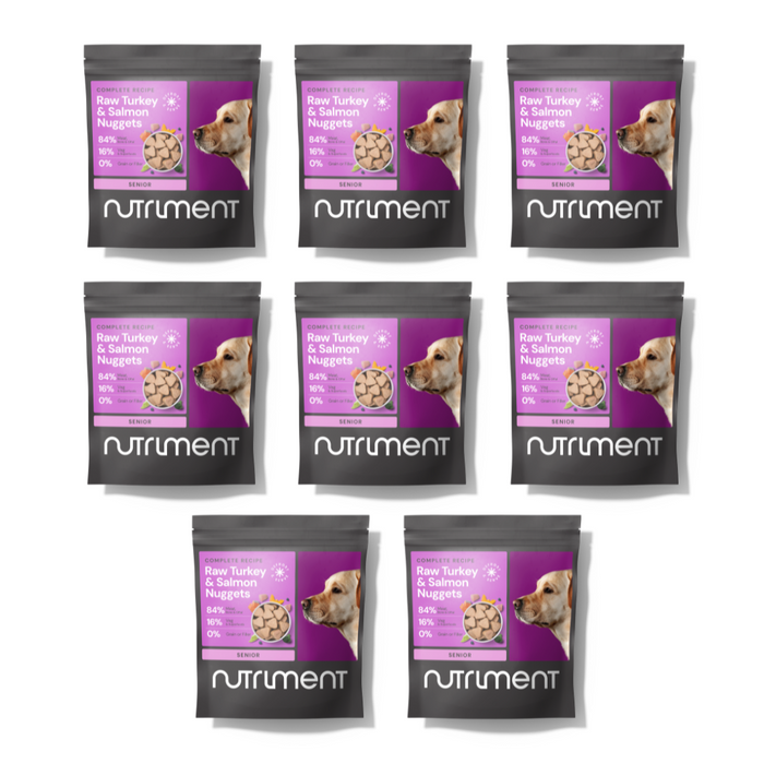 Eight bags of 8kg Senior Raw Nugget Starter Pack arranged in two rows on a white background.