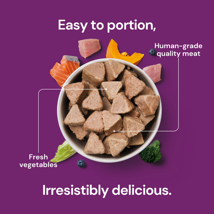 The 8kg Senior Raw Nugget Starter Pack: easy to portion, irresistibly delicious, with fresh veggies and meat.