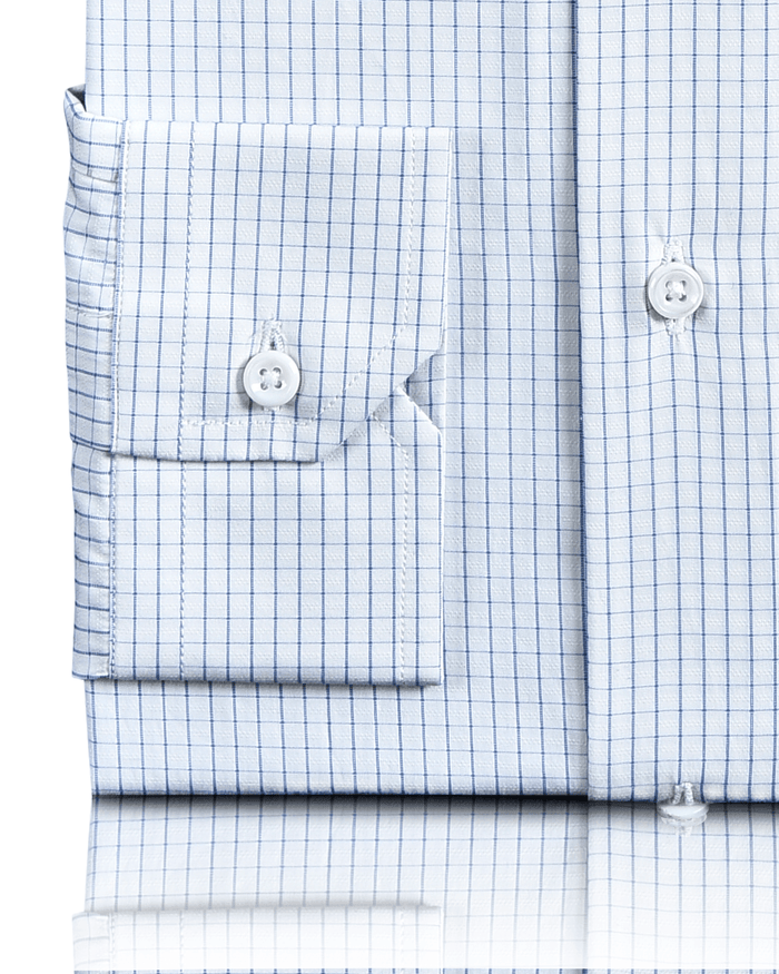 Close up view of custom check shirts for men by Luxire in blue graph natural touch of silk