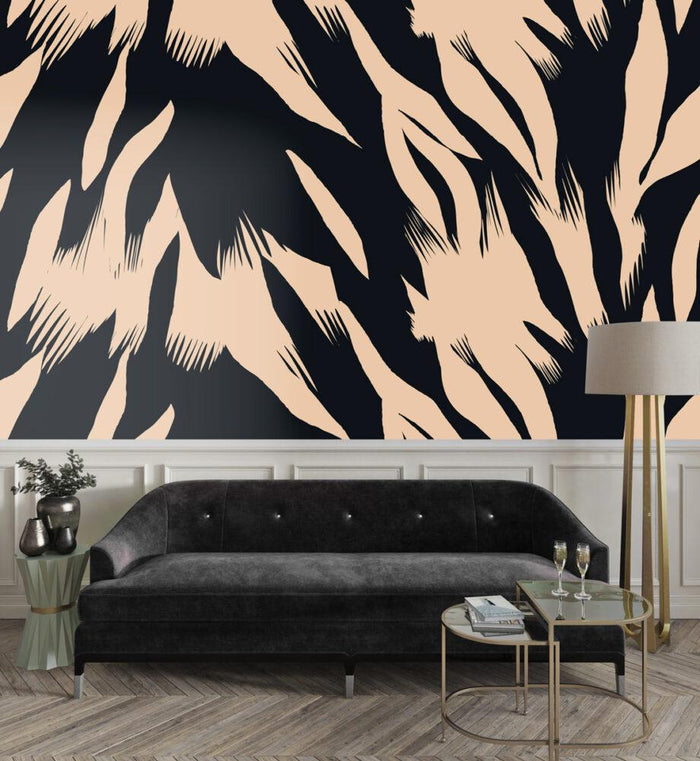 Abstract Brush Pattern Wallpaper: Black Beige Retro Wall Decal - Peel & Stick