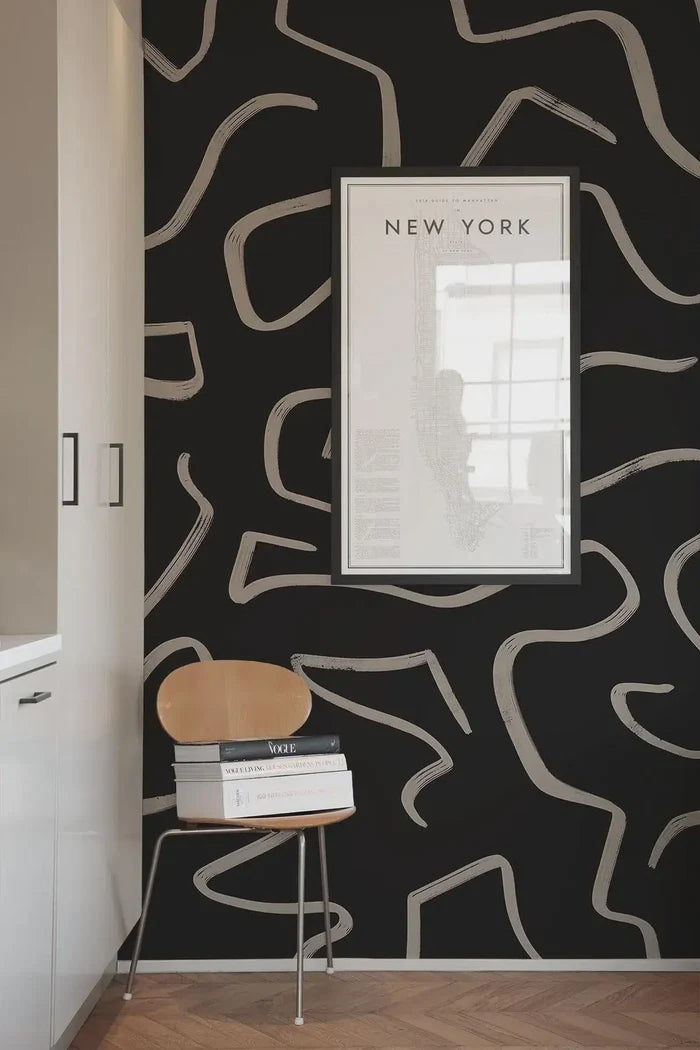 Abstract Lines Wallpaper | Beige & Black Wall Decal | 2WayWallpaper