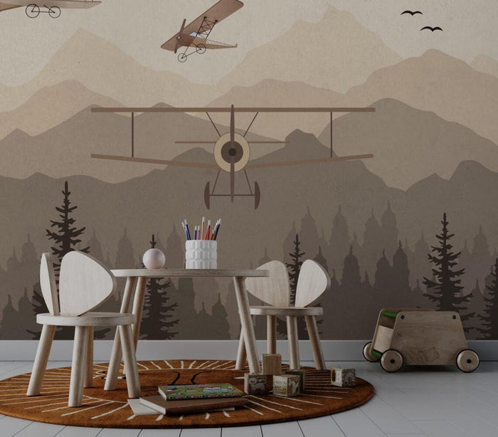 Airplane Nursery Wallpaper: Forest Mountain Mural, Peel and Stick