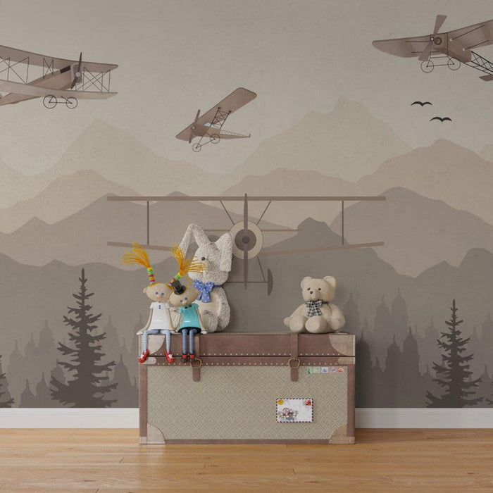 Airplane Nursery Wallpaper: Forest Mountain Mural, Peel and Stick