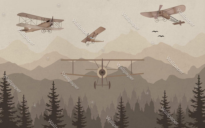 Airplane Nursery Wallpaper: Forest Mountain Mural, Peel and Stick