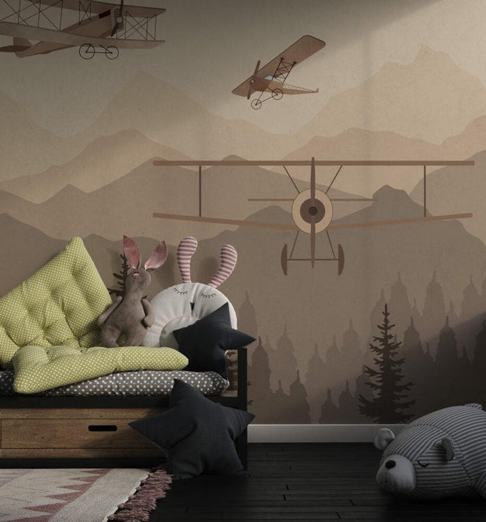 Airplane Nursery Wallpaper: Forest Mountain Mural, Peel and Stick