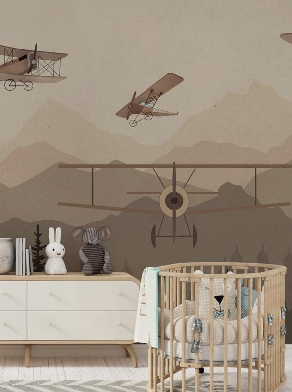 Airplane Nursery Wallpaper: Forest Mountain Mural, Peel and Stick