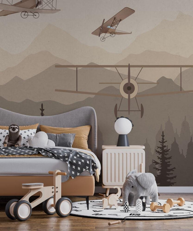 Airplane Nursery Wallpaper: Forest Mountain Mural, Peel and Stick