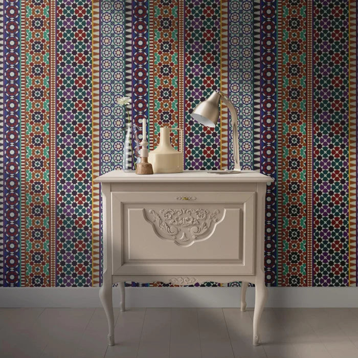 Alhambra Mosaic Wallpaper: Red & Purple Geometric Mural, Peel and Stick