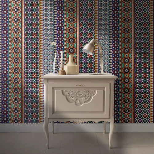 Alhambra Mosaic Wallpaper: Red & Purple Geometric Mural, Peel and Stick