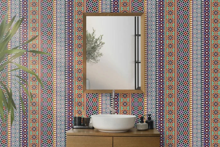 Alhambra Mosaic Wallpaper: Red & Purple Geometric Mural, Peel and Stick
