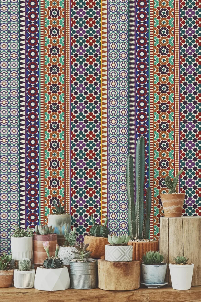 Alhambra Mosaic Wallpaper: Red & Purple Geometric Mural, Peel and Stick