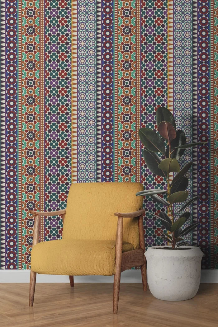 Alhambra Mosaic Wallpaper: Red & Purple Geometric Mural, Peel and Stick