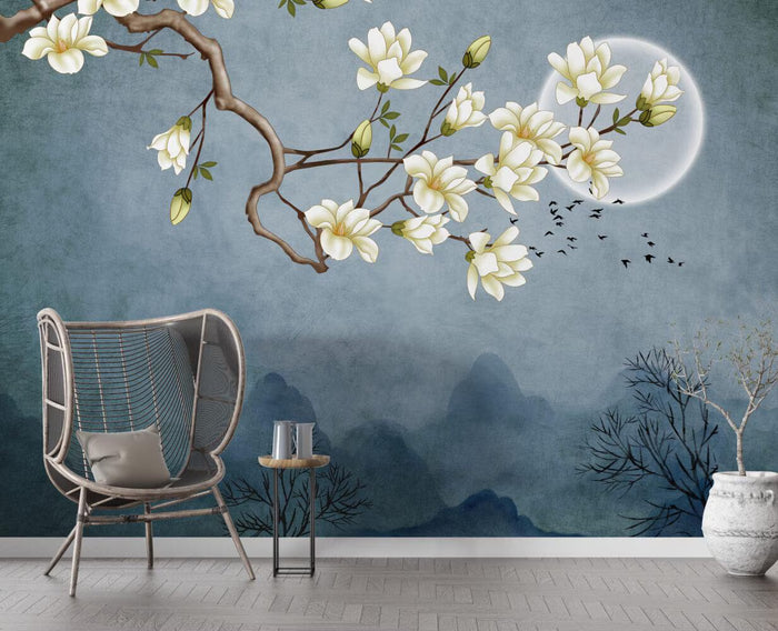 Almond Blossoms Wallpaper: Blue Floral Wall Decor