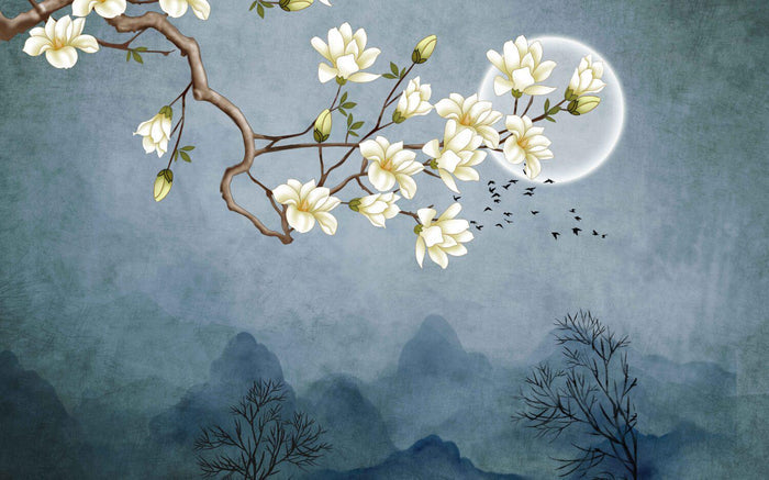 Almond Blossoms Wallpaper: Blue Floral Wall Decor