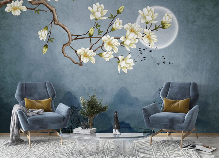 Almond Blossoms Wallpaper: Blue Floral Wall Decor
