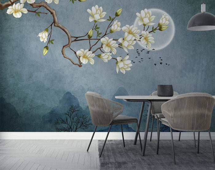 Almond Blossoms Wallpaper: Blue Floral Wall Decor