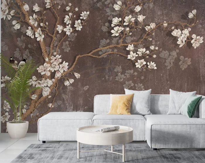 Almond Flowers Wallpaper: Blossoming Rose Design on Brown