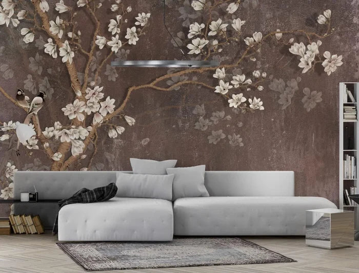 Almond Flowers Wallpaper: Blossoming Rose Design on Brown