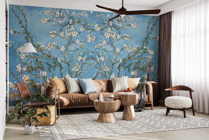 Almond Tree Wallpaper: Spring Flowers, Blue Floral Wall Decor