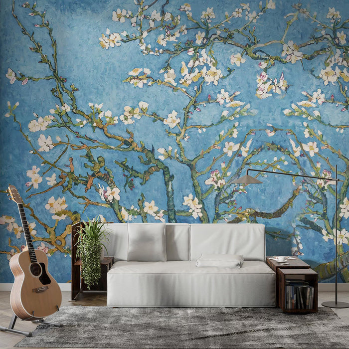 Almond Tree Wallpaper: Spring Flowers, Blue Floral Wall Decor