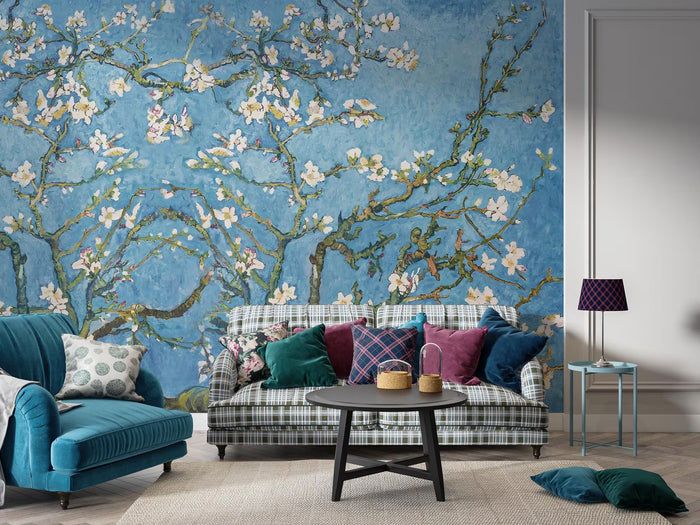 Almond Tree Wallpaper: Spring Flowers, Blue Floral Wall Decor