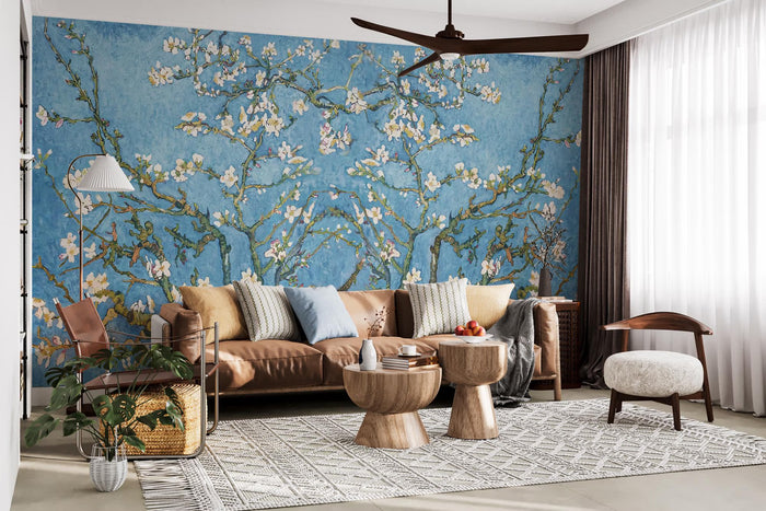Almond Tree Wallpaper: Spring Flowers, Blue Floral Wall Decor