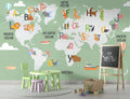 Alphabet World Map Wallpaper: Green Tones, Nursery Kids Room Mural