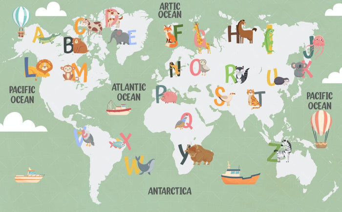 Alphabet World Map Wallpaper: Green Tones, Nursery Kids Room Mural