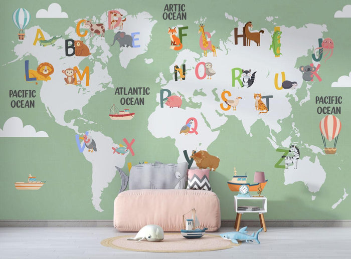 Alphabet World Map Wallpaper: Green Tones, Nursery Kids Room Mural