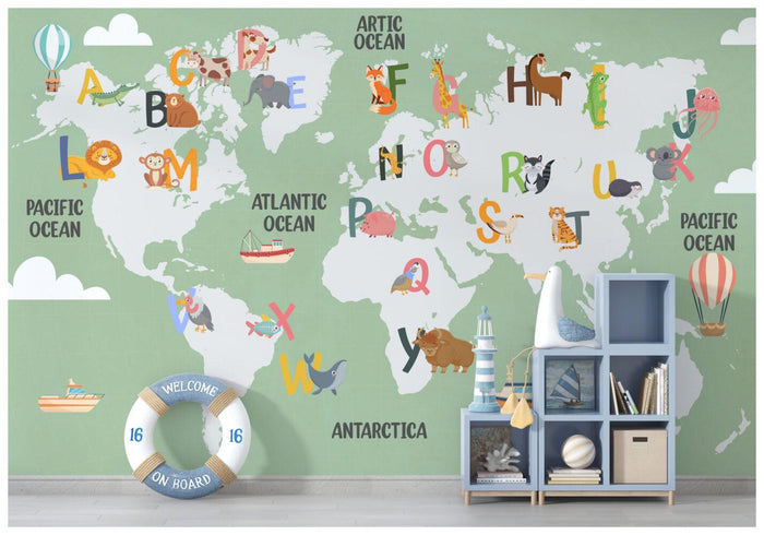 Alphabet World Map Wallpaper: Green Tones, Nursery Kids Room Mural