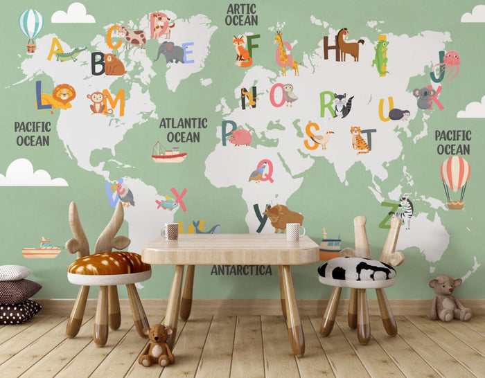 Alphabet World Map Wallpaper: Green Tones, Nursery Kids Room Mural