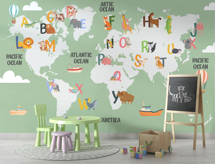 Alphabet World Map Wallpaper: Green Tones, Nursery Kids Room Mural