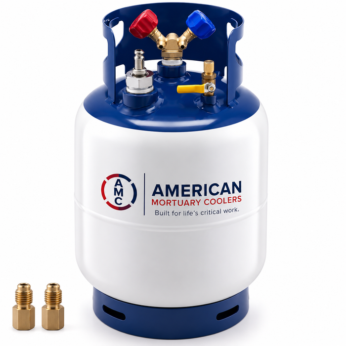 AMC refrigerant recovery tank with brass Y-valve for liquid and vapor recovery.