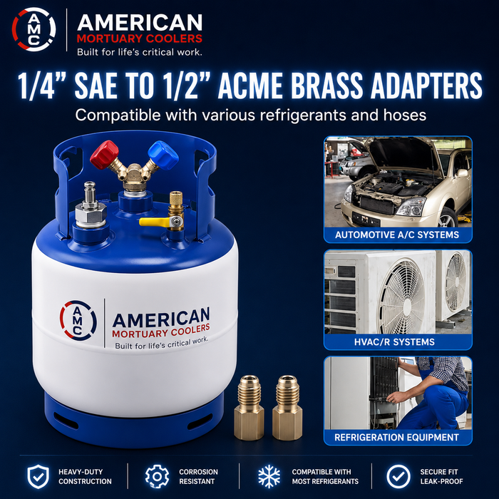 AMC refrigerant recovery tank showing 1/4 inch SAE valve and ACME brass adapters.