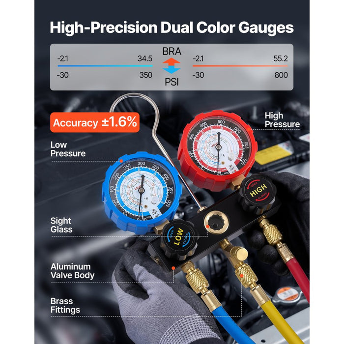 AMC manifold gauge set with color-coded hoses, quick couplers and carry case for refrigerant charging and recovery.