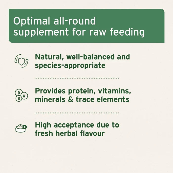 Graphic showcasing Aniforte BARF Complete for Dogs 500g, a balanced, nutrient-rich raw feeding additive with herbal flavor.