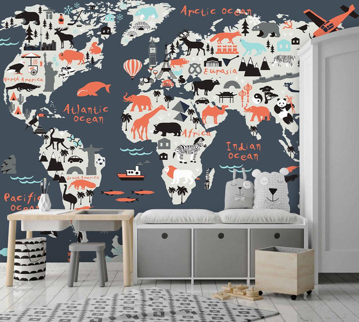 Animal World Map Wallpaper: 3D Nursery Mural
