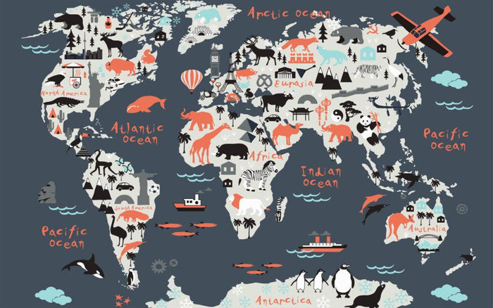 Animal World Map Wallpaper: 3D Nursery Mural