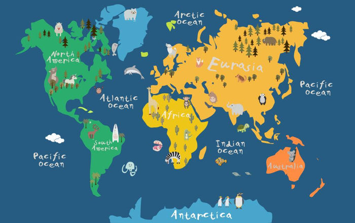 Animal World Map Wallpaper Mural - Kids Nursery Decor