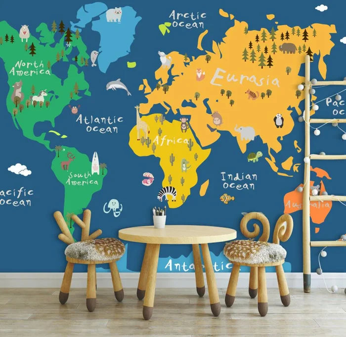 Animal World Map Wallpaper Mural - Kids Nursery Decor