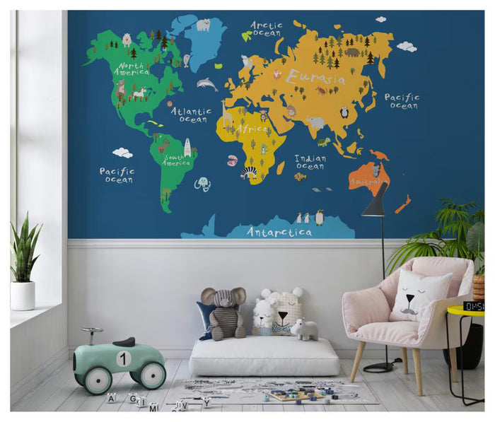 Animal World Map Wallpaper Mural - Kids Nursery Decor