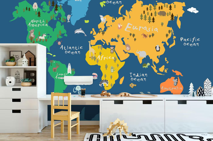Animal World Map Wallpaper Mural - Kids Nursery Decor