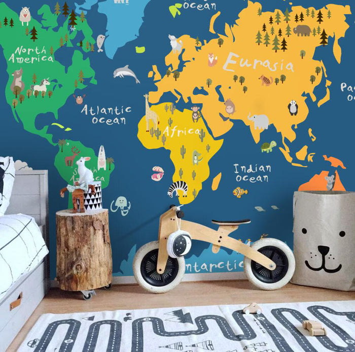 Animal World Map Wallpaper Mural - Kids Nursery Decor