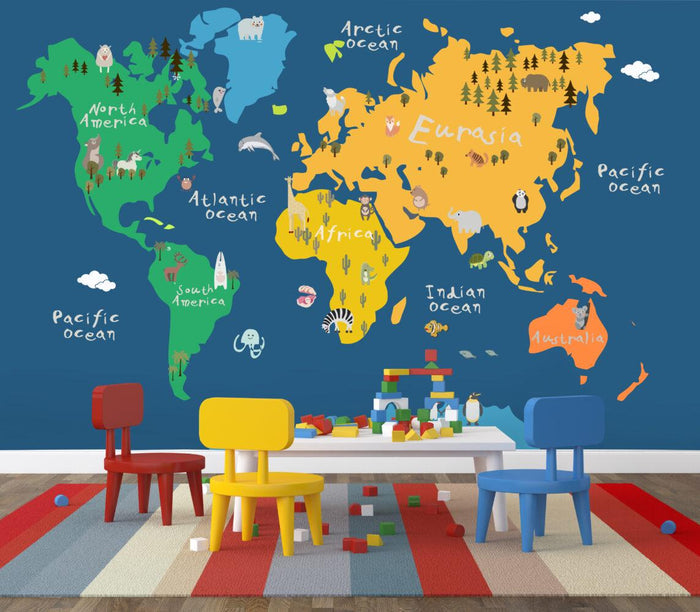 Animal World Map Wallpaper Mural - Kids Nursery Decor