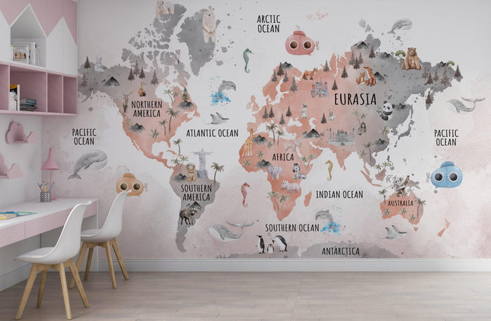 Animal World Map Wallpaper: Nursery Wall Decor